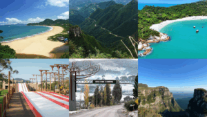 Montagem com os principais pontos turísticos de Santa Catarina, incluindo praias, serras, cânions e cidades de frio mencionados no post