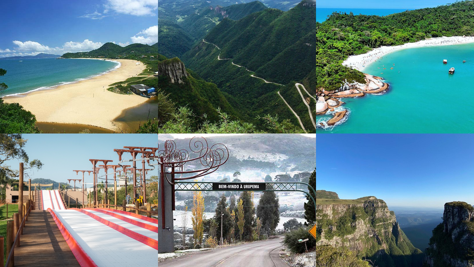 Montagem com os principais pontos turísticos de Santa Catarina, incluindo praias, serras, cânions e cidades de frio mencionados no post